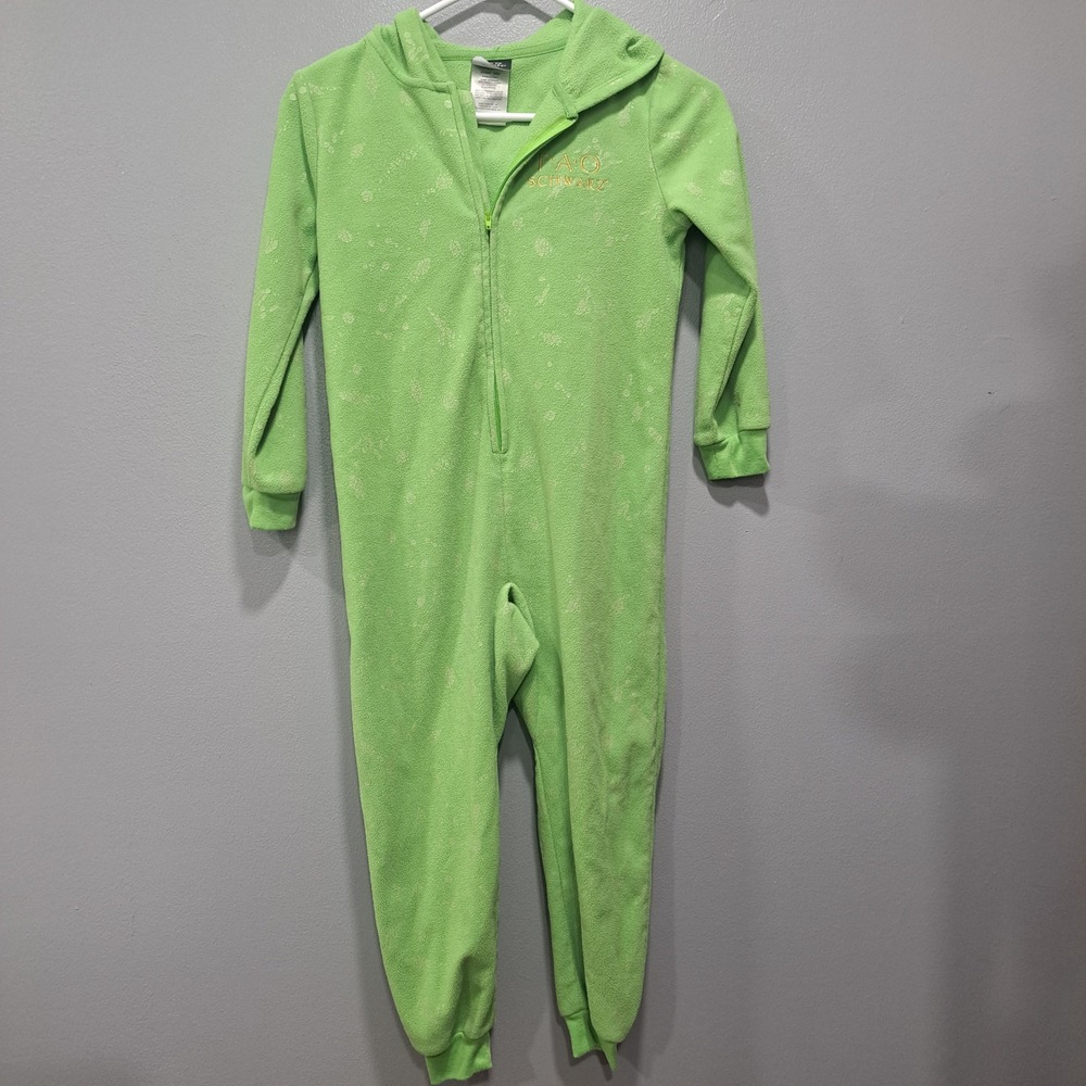 FAO Schwarz Kids Green Dinosaur Fleece Hooded One Piece Zip Suit Pajamas‎ Small